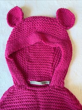 NWOT Alicia Adams Alpaca Hot Pink Knit Hooded Poncho with Ear Details 12-18month